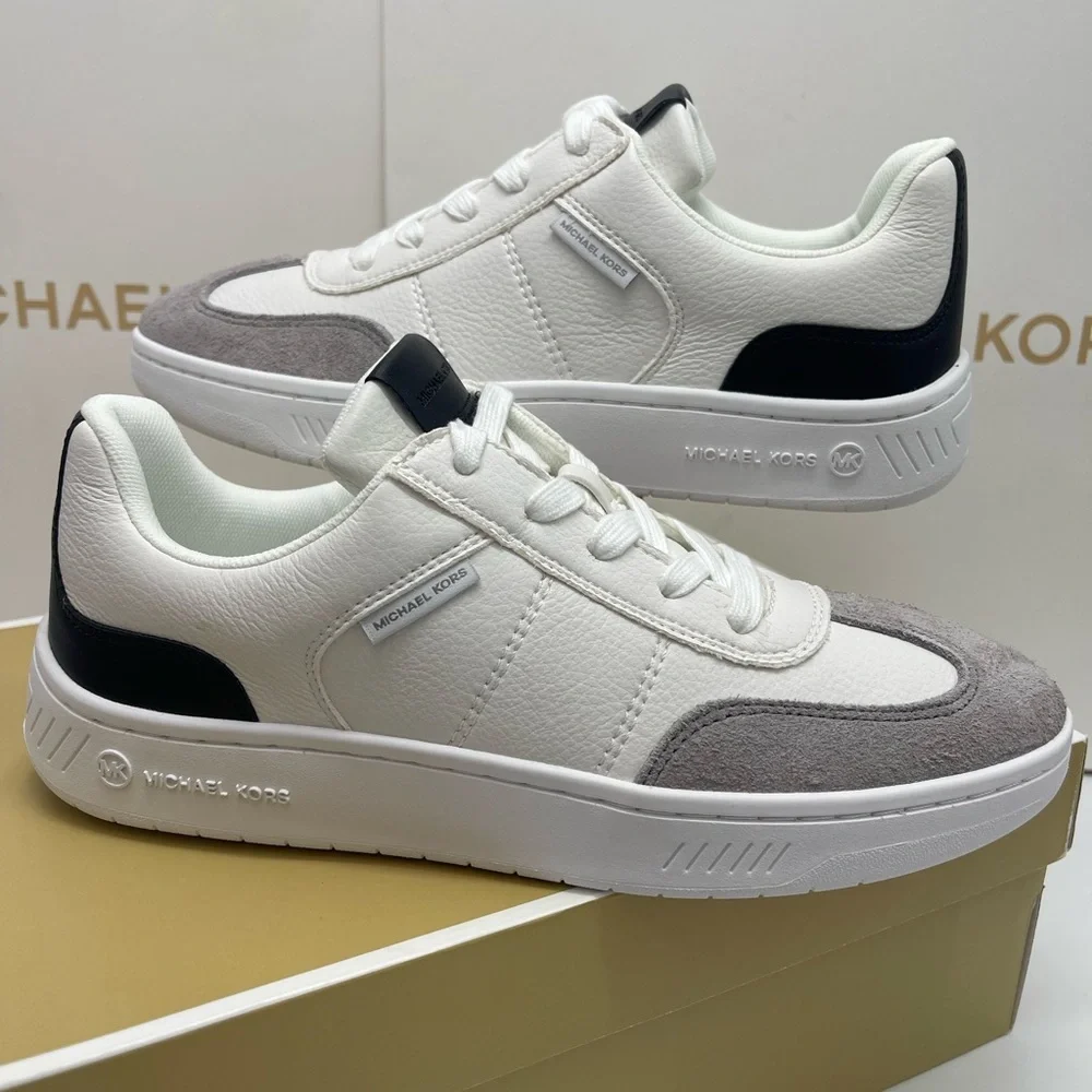 MICHAEL KORS Kai Mixed-Media Sneaker Kai White  Cream and Gray Casual Sneakers